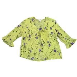 Y2K Retro Floral Top Blouse Womens Plus 16W Sheer Ruffle Sleeves Tie Front Artsy